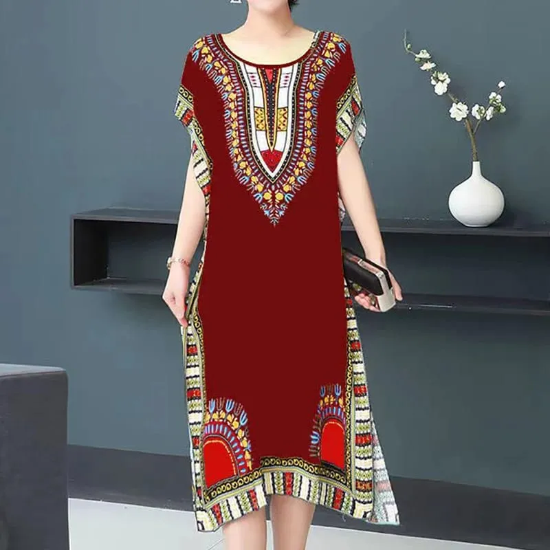 Boho Holiday Women V-Neck Batswing Short Sleeve A-Line Midi Dresses Slim Elastic Waist Casual Vintage Office Lady Elegance Dress