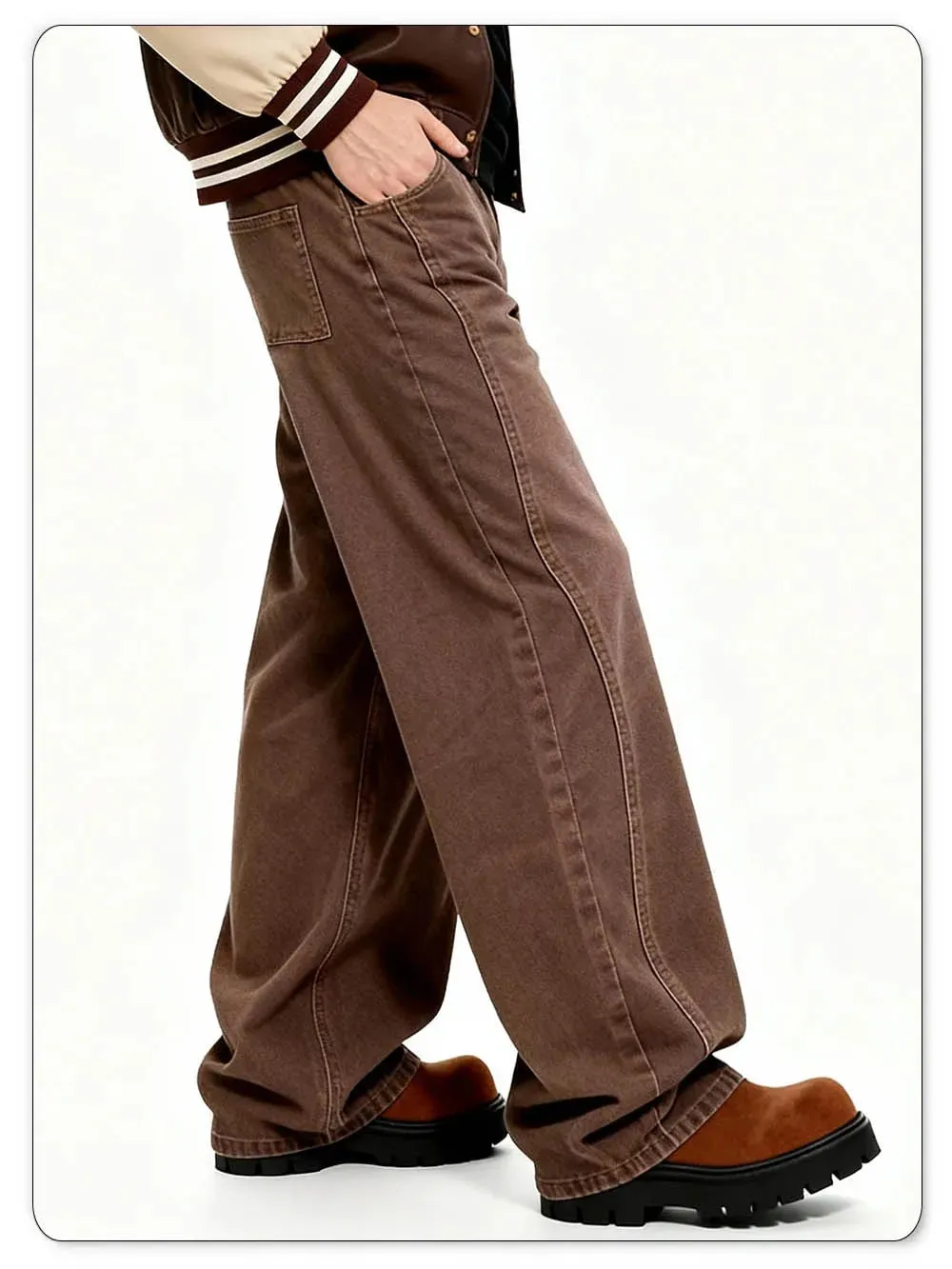 American Retro Men's Brown Casual Baggy Wide Leg Jeans Korean Cartoon Elephant Embroidery Loose Wide Leg Denim Pants Unisex — image 5