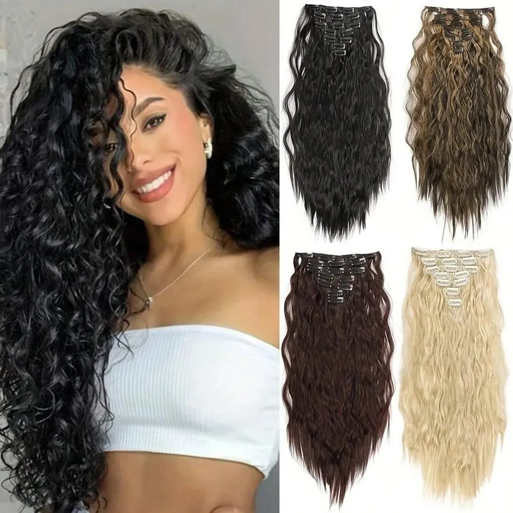 Synthetic Clip In Hair Extensions 7PCS Set Kinky Curly 20inch Long Clip On Hairpiece Style For Women Girls Daily Party — image 2