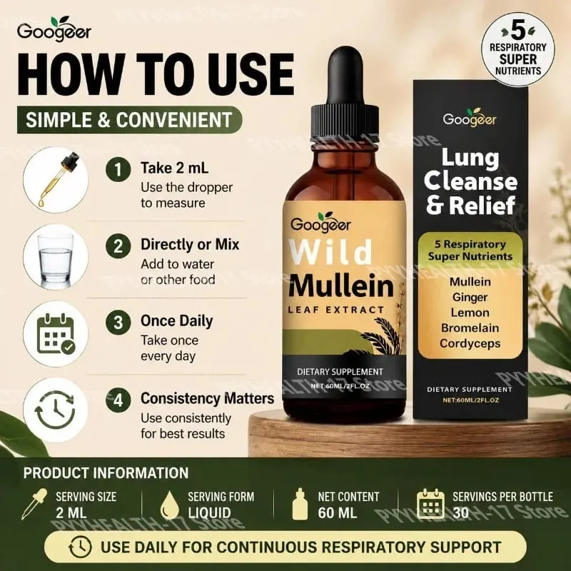 Googeer Wild Mullein Leaf Extract Liquid Respiratory Support Ginger Lemon Peel Extract Bromelain and Cordyceps Extract 60 ML — image 5