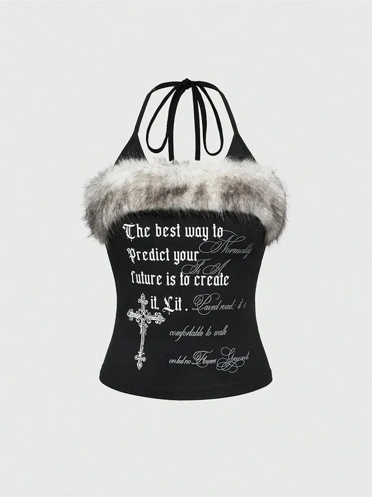 2026 Summer Women Y2K Grunge Goth Streetwear Sexy Faux Fur Trim Cross Letter Print Slim Fit Cropped Halter Neck Cami Tank Top