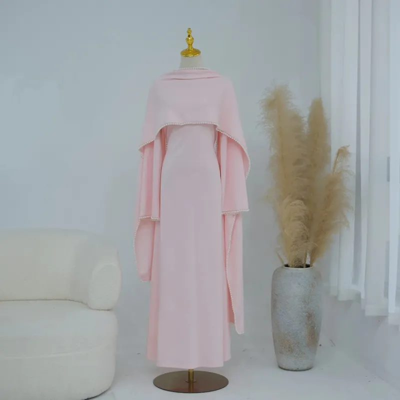 White Pearl Trim Cape Maxi Dress Women Elegant Long Sleeve Cinched Waist Muslim Robes 2026 Spring EID Abaya Lady Dresses — image 11