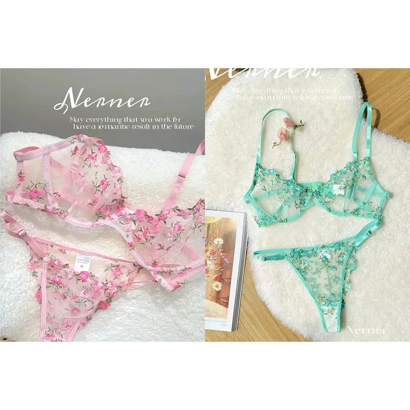 Transparent Floral Lace Embroidery Bra Set Summer Thin Minimizer Underwear Soft Breathable Full Bust Female Home Daily Wear S-XL — image 12