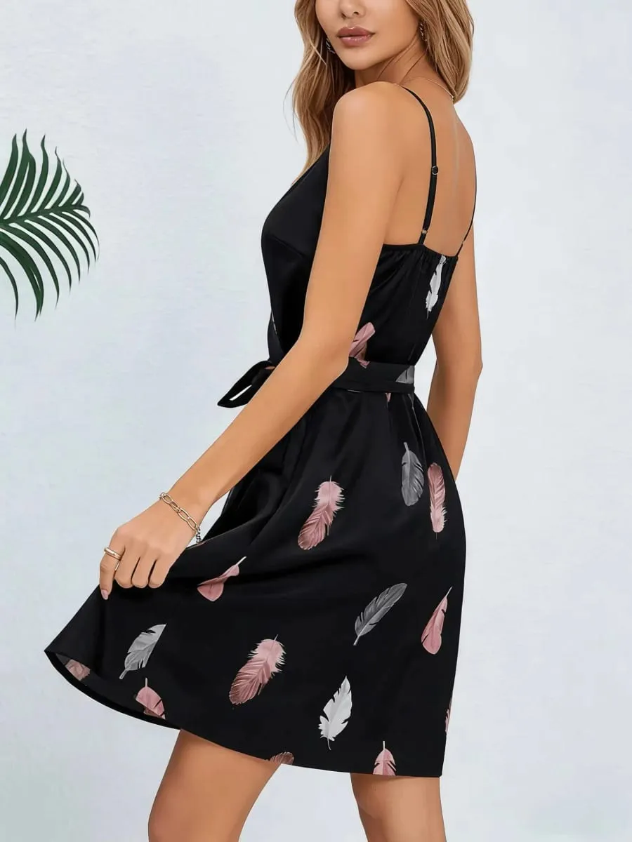 Mini Dress Spring Summer Women Black Satin Feather Print Spaghetti Strap Deep V Wrap Belted Casual Sexy Vacation Dress — image 3