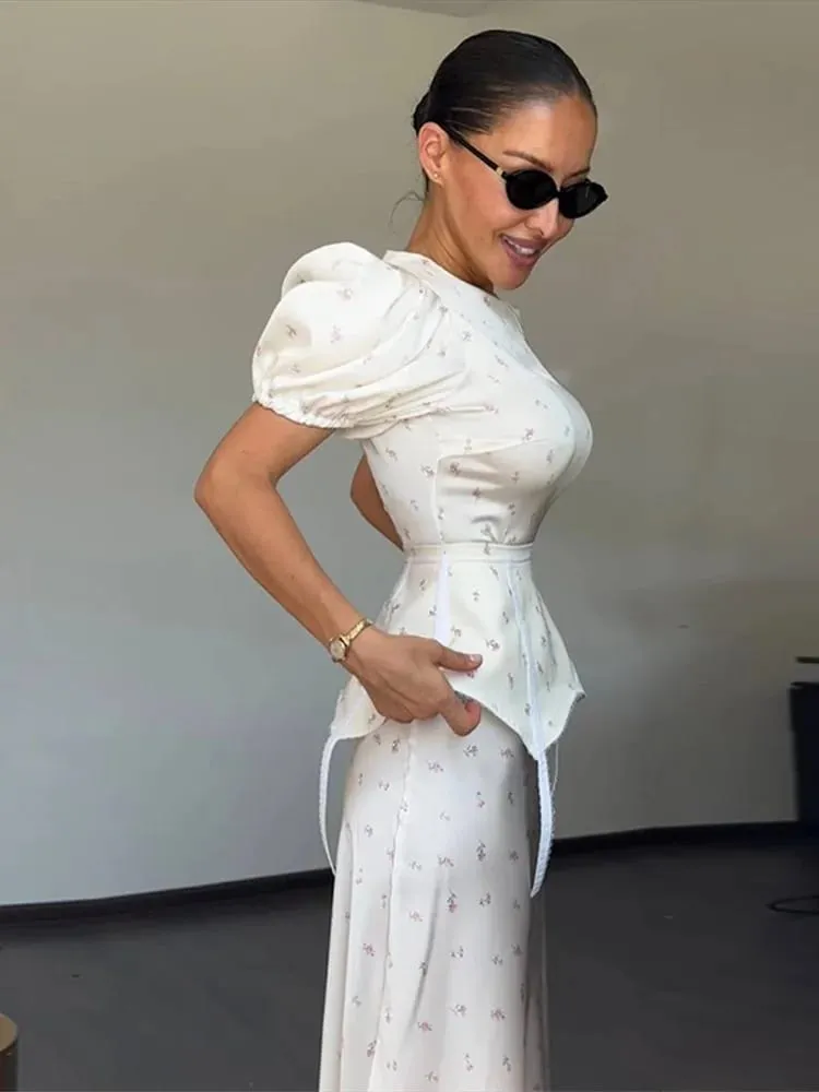Women's White Floral Print Puff Sleeve Dress With Waistband Fashion Satin Ruffled Hem Maxi Dress Lady 2026 Elegant Party Robes — image 3