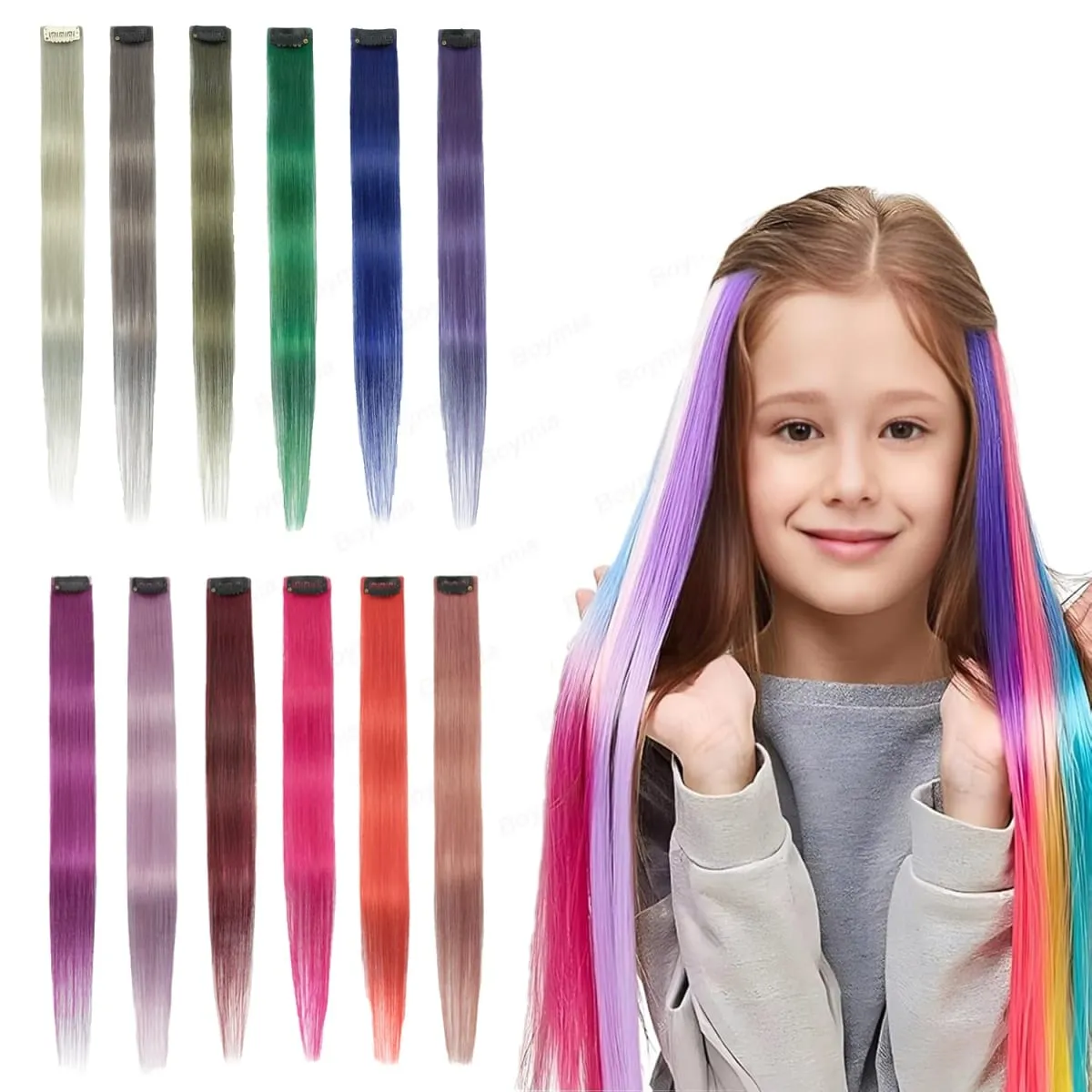 6PCS Colored Purple Hair Extensions Clip in Hair Extensions Straight Human Hairpiece for Halloween Christmas Cosplay 16Inches — image 7