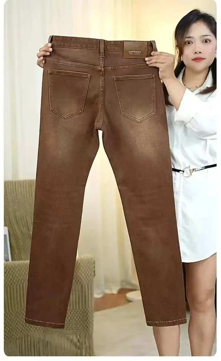 2026 New High-end High-quality Denim Brown Baggy Cotton Elastic Jeans Retro Nostalgic Men's Vintage Straight-fit Trousers