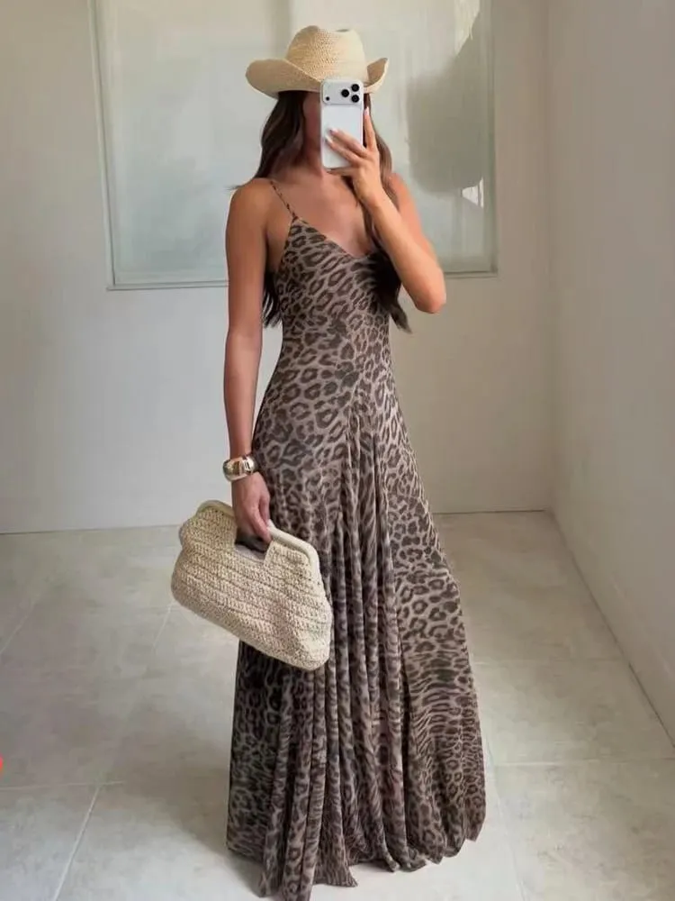 Ladies Sexy Summer Dress Women Vintage Leopard Print Sling Dress Party Suspender Sleeveless Backless Slimming Maxi Dress Female — image 2