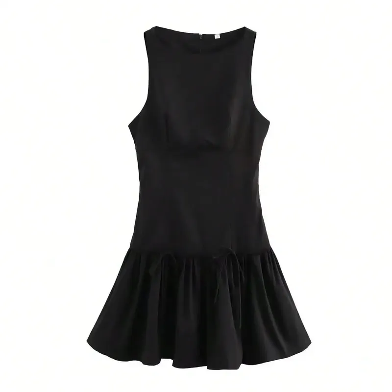 HH Womens Sleeveless Back Zipper Mini Dress Ruffle Hem Bow O Neck Sleeveless Dresses Sexy Casual Beach Vacation Party Dress