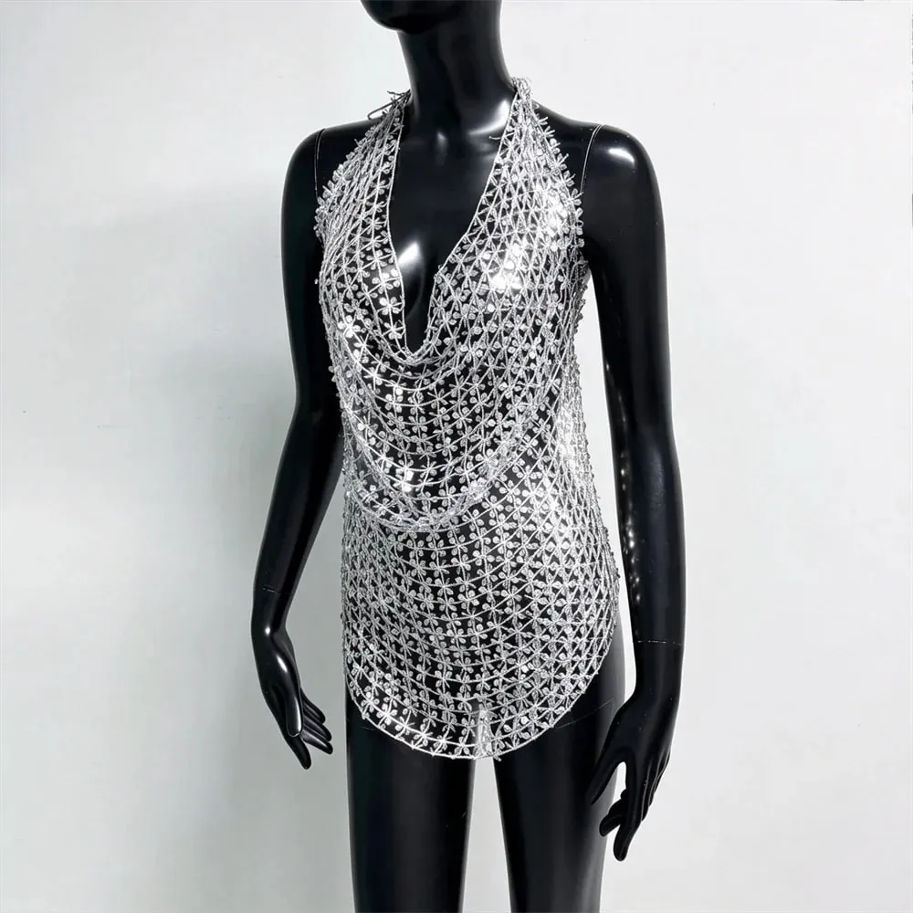 Women Shiny Acrylic Sequins Hollow Tank Top Sexy Deep V Neck Backless Halter Neck See Through Cover Up Camisole Beach Party Tops — image 5