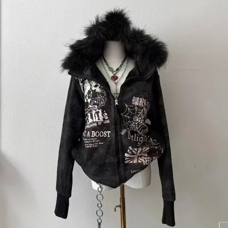 American Retro Rock Gothic Graphic Fur Collar Loose Zipper Sweatshirt Men's Y2K New Harajuku Punk Casual Joker Hoodie Streetwear — image 10