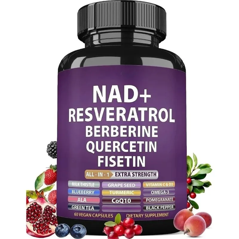 NAD+ Resveratrol Supplement with Berberine Quercetin Fisetin CoQ10 Vitamin C D3 60 Vegan Capsules for Daily Nutrition Support