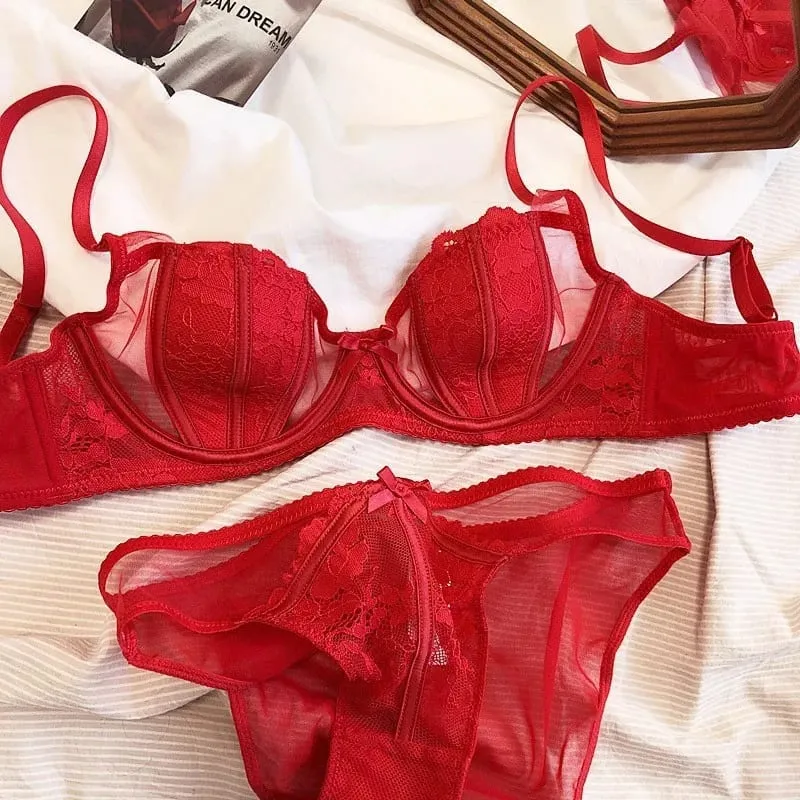 high quality sexy women bras and brief two piece set push up lace B C D cup wire summer lingerie underwear white pink red — image 10