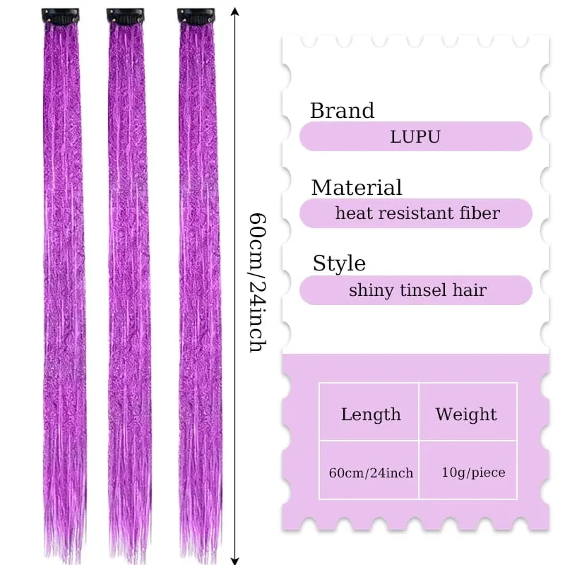 2PCS Synthetic Hair Tinsel Clip in Extensions Colored Sparkle Hair Tinsel Kit with BB Clip for Kids Girls Christmas Party Use — image 3