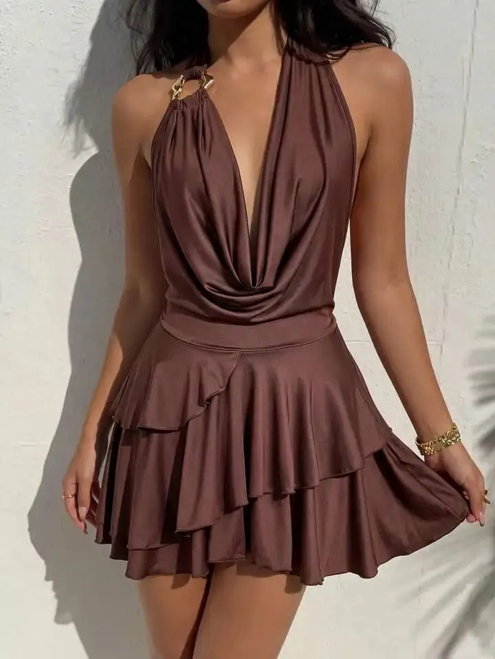 Elegant Women's Spring Summer Vacation Style Solid Color Hanging Neck Strap Backless Deep V-Neck Sexy Fashion Dress — image 4