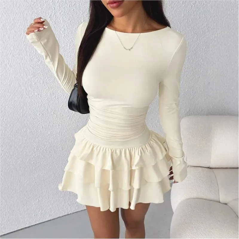 Temperament Dresses 2025 Woman Mini vestidos Simple Style Elegant French Bodycon Slim Pleated Fashion Long Sleeve Commuting Sexy