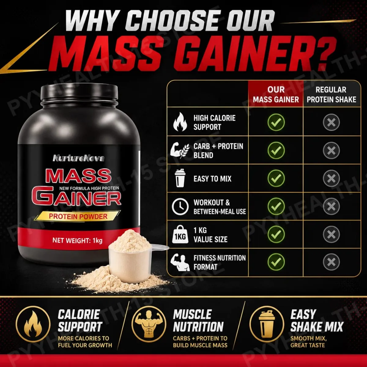 Mass Gainer Protein Powder 1kg Chocolate Flavor Carb Protein Shake Mix for Adults Fitness Nutrition Approx 20 Servings — image 7