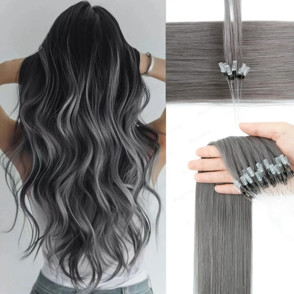 Colored Micro Link Hair Extensions Human Hair No Glue Virgin Human Hair for Women Girls 50 Strands Colorful 30G Gray — image 2