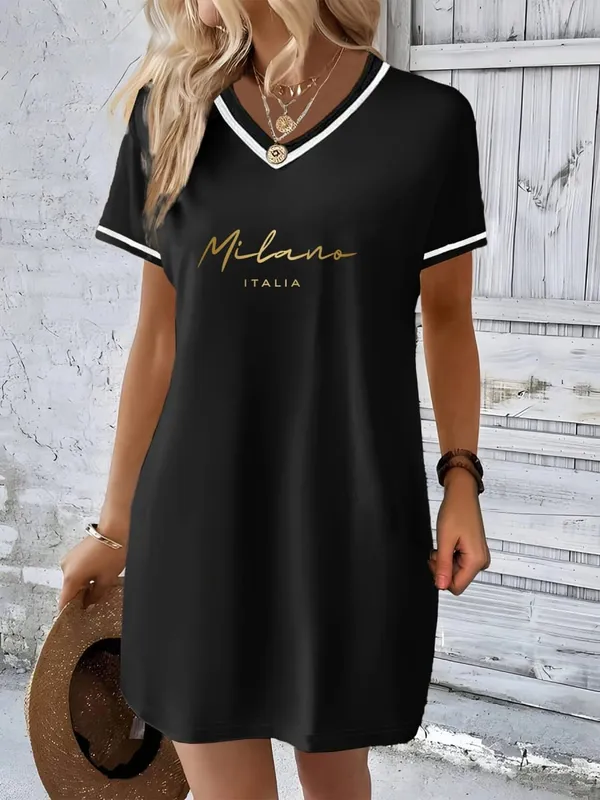 Fashionable Printed American Casual Style Color-Blocked V-Neck Short-Sleeve Long Top Loose Fit Casual and Slimming T-Shirt Dress Suitable for Spring and Summer Commuting and Home Wear Women's Clothing