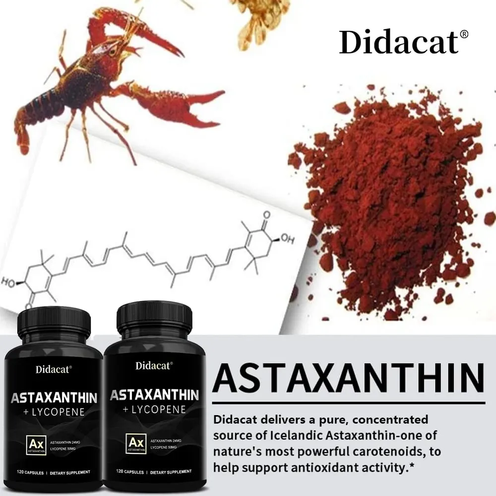 Icelandic Astaxanthin 24mg + Lycopene 50mg Heart Brain Joint Immune Antioxidant Dietary Supplement - 120 Capsules