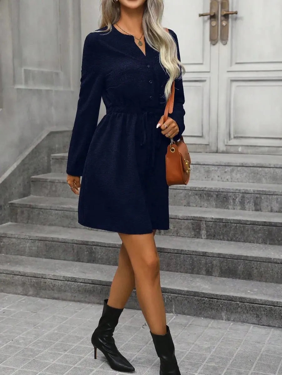 Women's Navy Blue Drawstring Waist Dress Casual Long Sleeve Button Down Shirt Dress V-Neck A-Line Mini Dress For Ladies — image 3