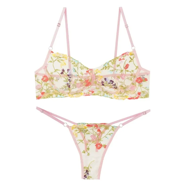 Women's New Sexy Embroidered Floral Lingerie Set Single-Layer Underwire Bra Thong Pants Hollow Transparent Out Lingerie Set — image 8