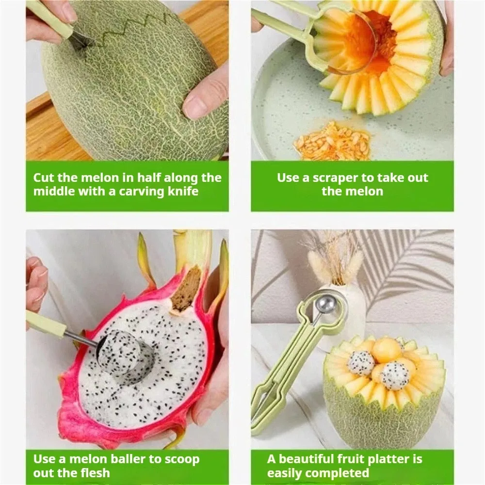Melon Baller Scoop Set 4 In1 Fruit Cutters Shapes Watermelon Scooper Fruit Scooper and Baller Stainless Steel Fruit Carving Tool — image 4