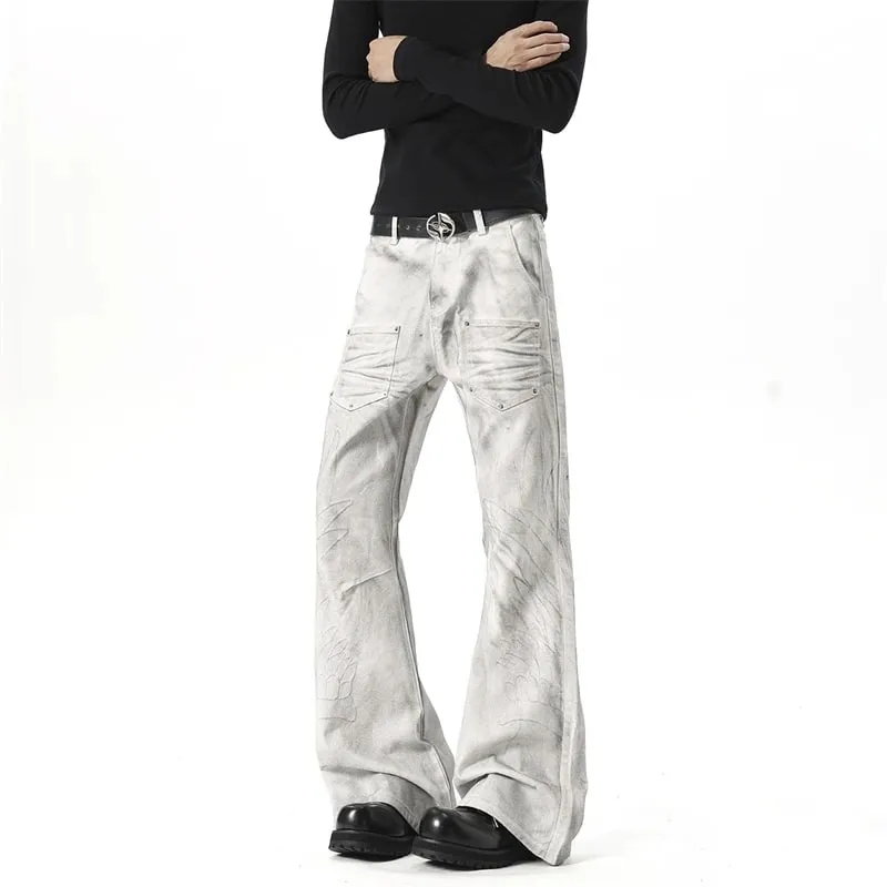Men White‑Grey Washed Flare Jeans Embossed Pattern Rivet Decor Loose Floor‑Length Y2K Streetwear Denim Trousers 9X4397 — image 3
