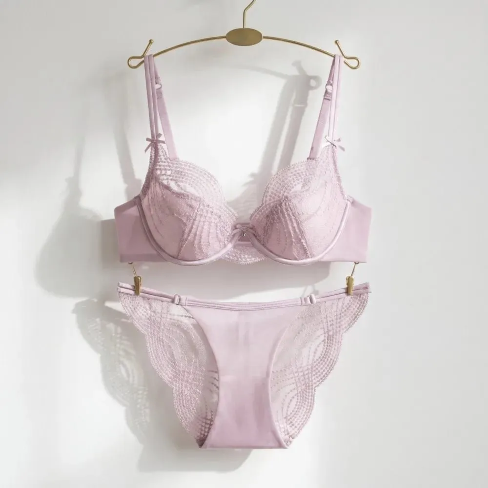 Hollow Thin Cup Women Lingerie Set Seamless Silk Satin Push Up Bra Set French Style Lace Embroidery Lingerie Women Intimates — image 2