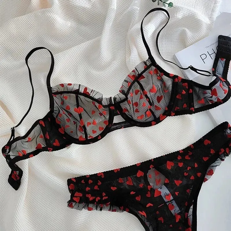 French Heart Print Transparent Lingerie Set Ultra Thin Underwire Bra Lace Sexy Push Up Gathering Small Breast Boost Hot Selling — image 2