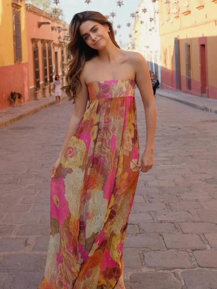 Women Fashion Printed Strapless Maxi Dress Elegant Off Shoulder Backless Sleeveless High Waist Gown Summer New Lady Party Robes — image 3