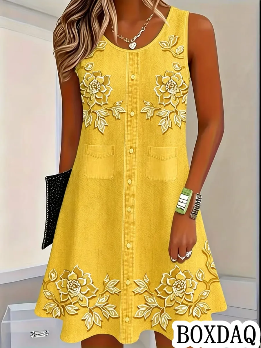 Women Vintage Pattern Flowers Print Dresses Summer Fashion Sleeveless Dress Casual Sundress Beach Loose Dress — image 3