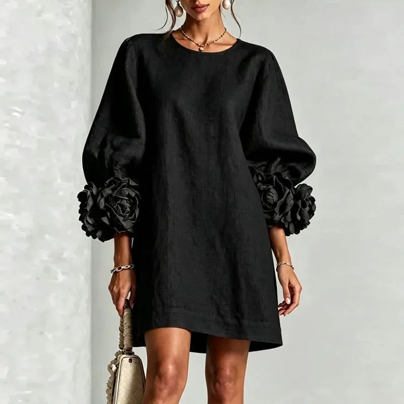 Women Solid Mini Dress Round Neck Puff Sleeve 3D Flower Cuff Loose Shift Dress Elegant Vacation Party Daily Casual Short Dresses — image 3