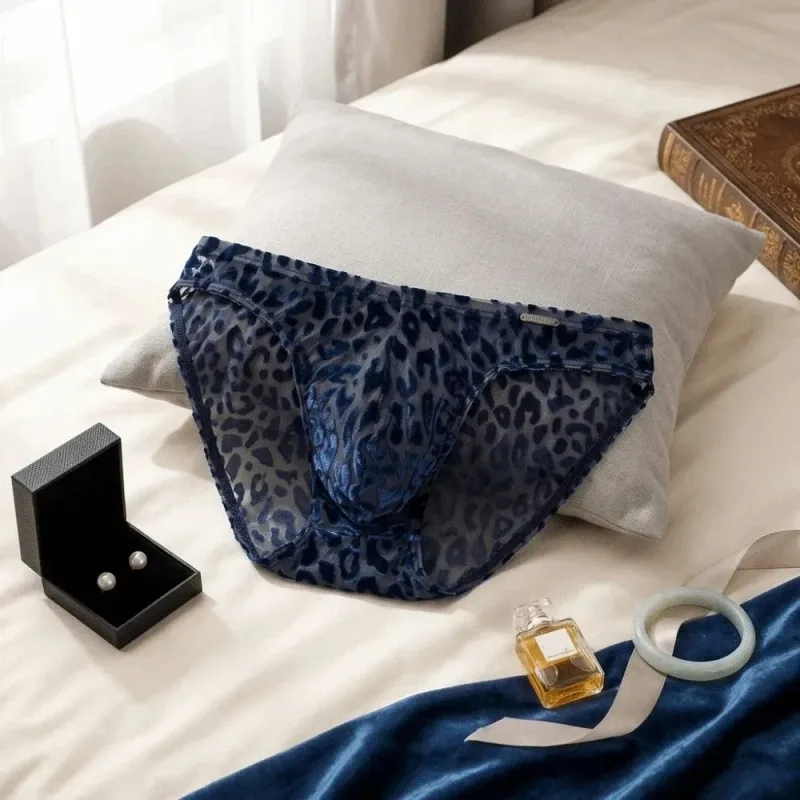 Comfortable Ice Silk Men Briefs Mesh Low Waist Sheer Underwear Convex Pouch Transparent Leopard Print Panties Date Night — image 2
