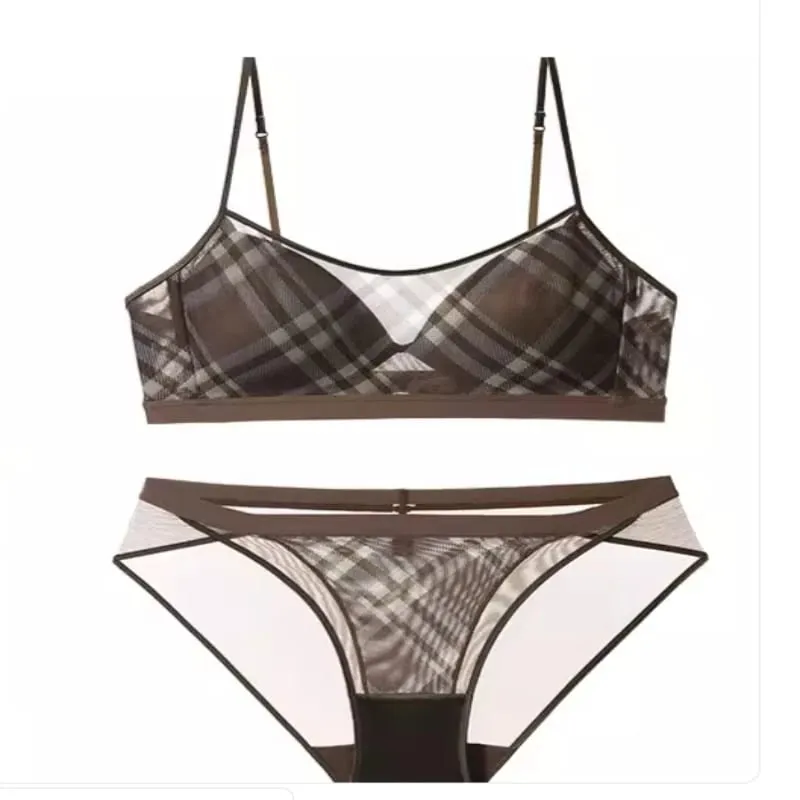 Women American Retro Plaid Intimates Set Thin Push Up Bra Anti Sagging Armpit Fat Support Comfort Everyday Wear — image 1