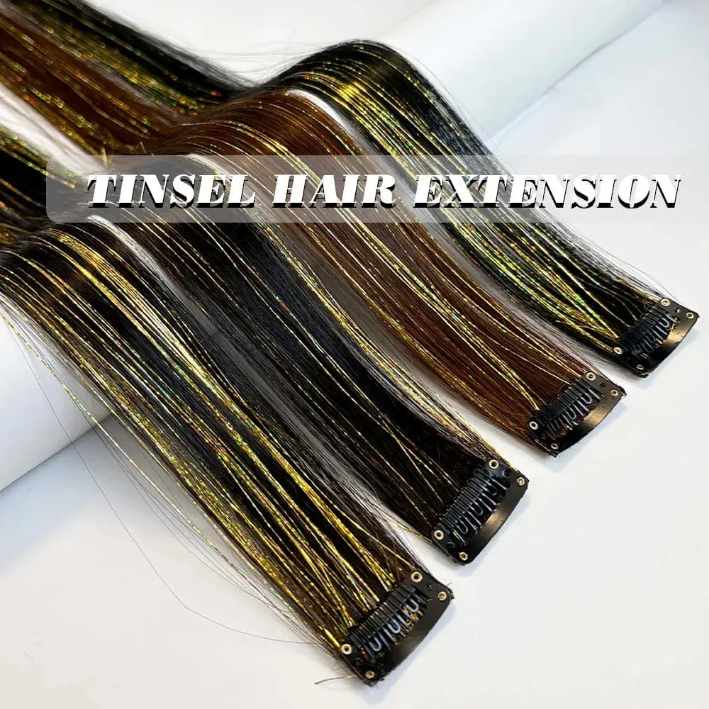 2PCS light brown with tinsel Hair Extensions 24inch Sparkling Hair Clips Multicolored Clip In On Hair Extension Synthetic Hair — image 6
