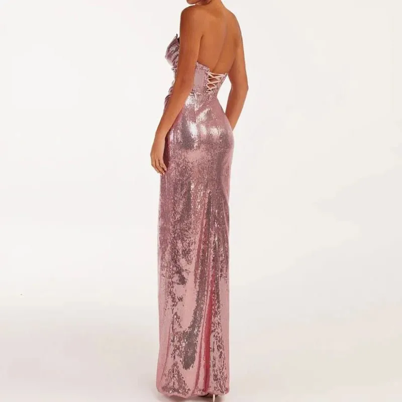 Sequined Strapless Evening Gown in Rose Color with a Thigh Slit Women's Sexy Sequin Open Back Lace Up Dress Long Style — image 3