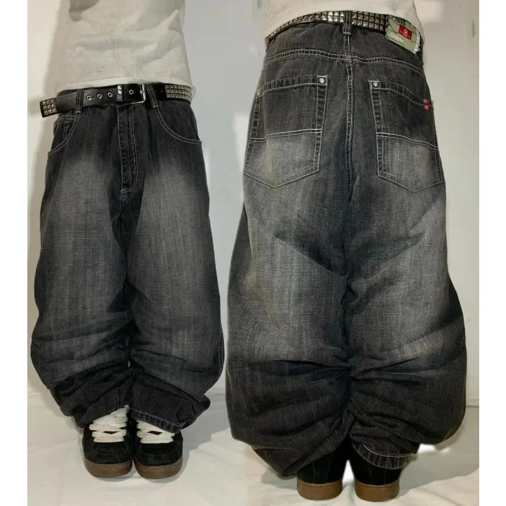 Fashion Gothic New Black Solid Color Washed Old Casual Jeans Men Y2K Street Cloth Vintage Popular High Waist Loose Wide Leg Pant — image 2