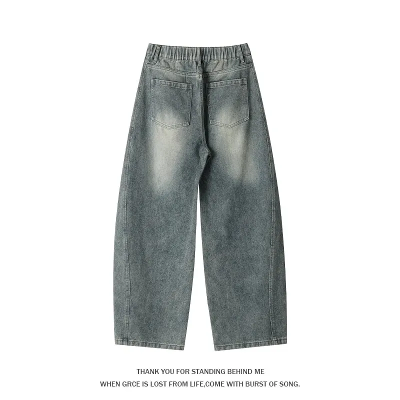 Plus Size Men's Curved Denim Jeans Retro High Street Washed Splice Loose Floor-Length Baggy Streetwear Trousers