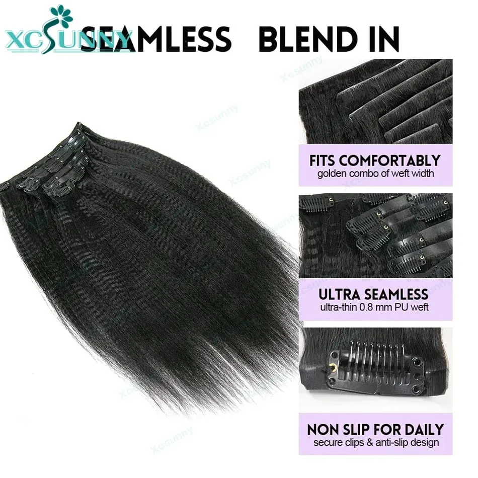 Invisable Edge Clip Ins Human Hair Extensions Yaki Straight Injected PU Tape Weft Clip In Hair Extensions 7Pcs/set Clip on Hair — image 3