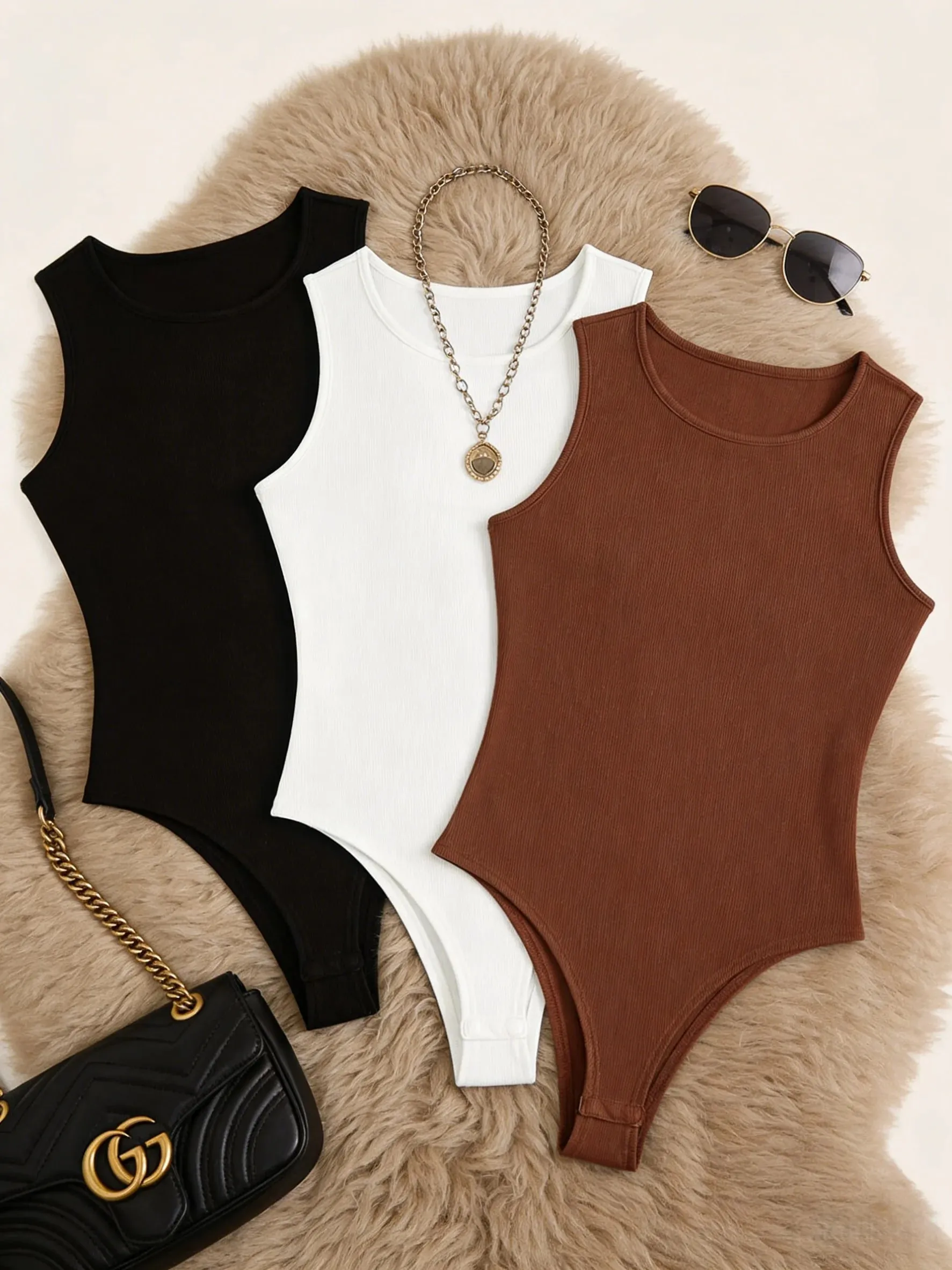 Women 3 Pack Solid Ribbed Round Neck Bodysuit Casual Sleeveless Form Fitting One Piece Bodysuit Set — image 4