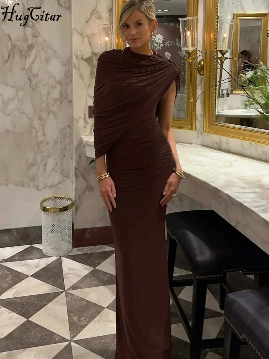 Hugcitar Women Fashion Turleneck Solid Short Sleeve Irregular Sexy Ruched Maxi Prom Dress Summer Clothes Evening Party Birthday — image 2
