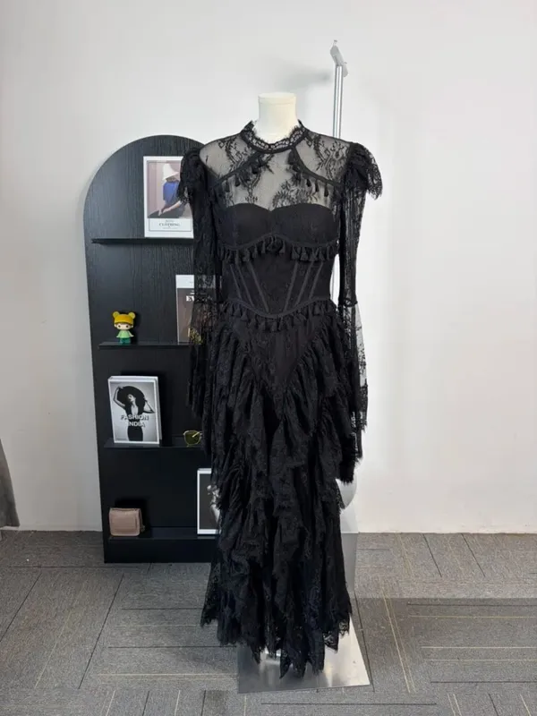 Summer Stand Collar Lace Tassel Hollow Out Flare Sleeve Dress Women Boned Waist Tiered Mermaid Dresses New 3A2709