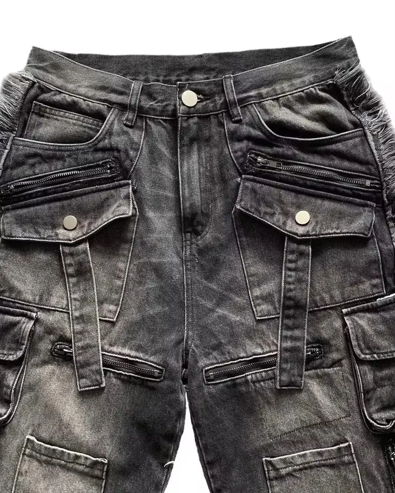 Y2K Black Multi Pocket Cargo Jeans Men Women Wide Leg Distressed Frayed Hem Flap Pockets Button Detail Baggy Streetwear Trousers