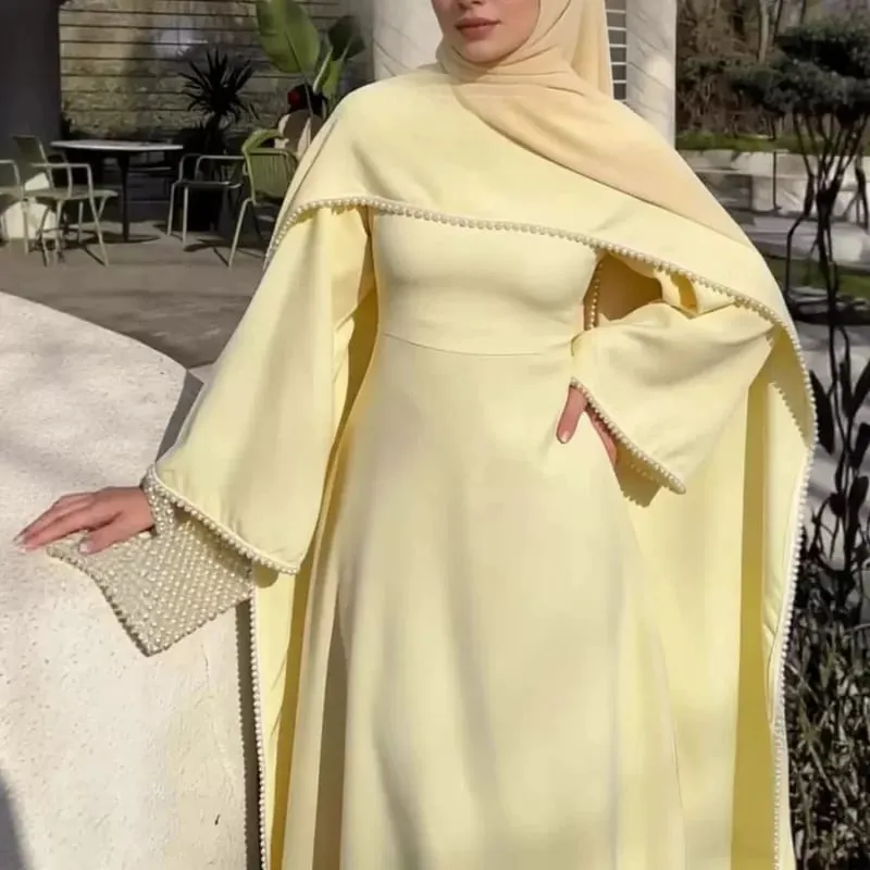 White Pearl Trim Cape Maxi Dress Women Elegant Long Sleeve Cinched Waist Muslim Robes 2026 Spring EID Abaya Lady Dresses — image 7