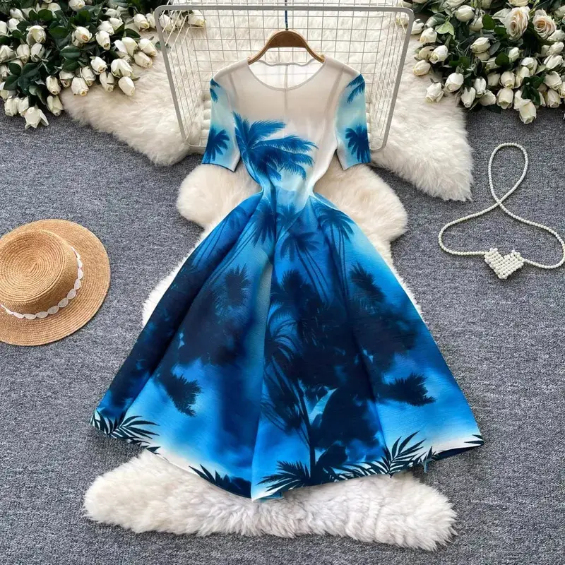 Miyake Pleated Geometric Print A-Line Dresses European New Short Sleeve Simple Elegant Commuter Plus Size Stretch Women's Dress — image 9