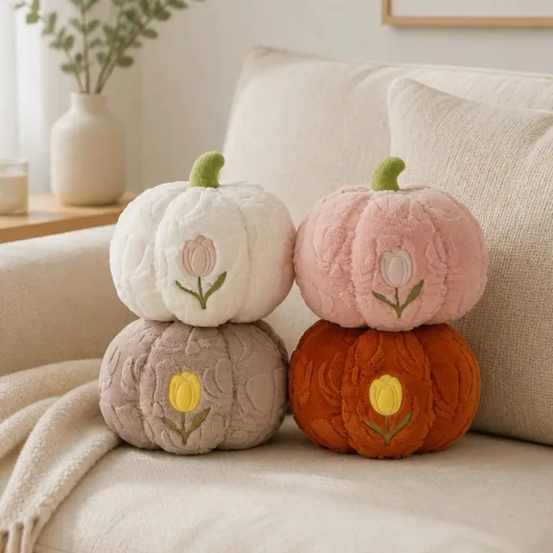 Cute Pumpkin Throw Pillow With Tulip Embroidery Soft Plush Pumpkin Shaped Cushion Pillow For Sofa Living Room Hallowmas Gifts — image 4