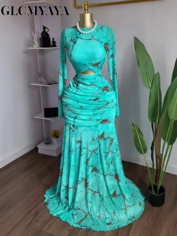 2025 Fall Women O-neck Long Sleeve Print Mermaid Maxi Dress 2025 Evening Birthday Beach Sexy Night Party Long Dresses — image 2