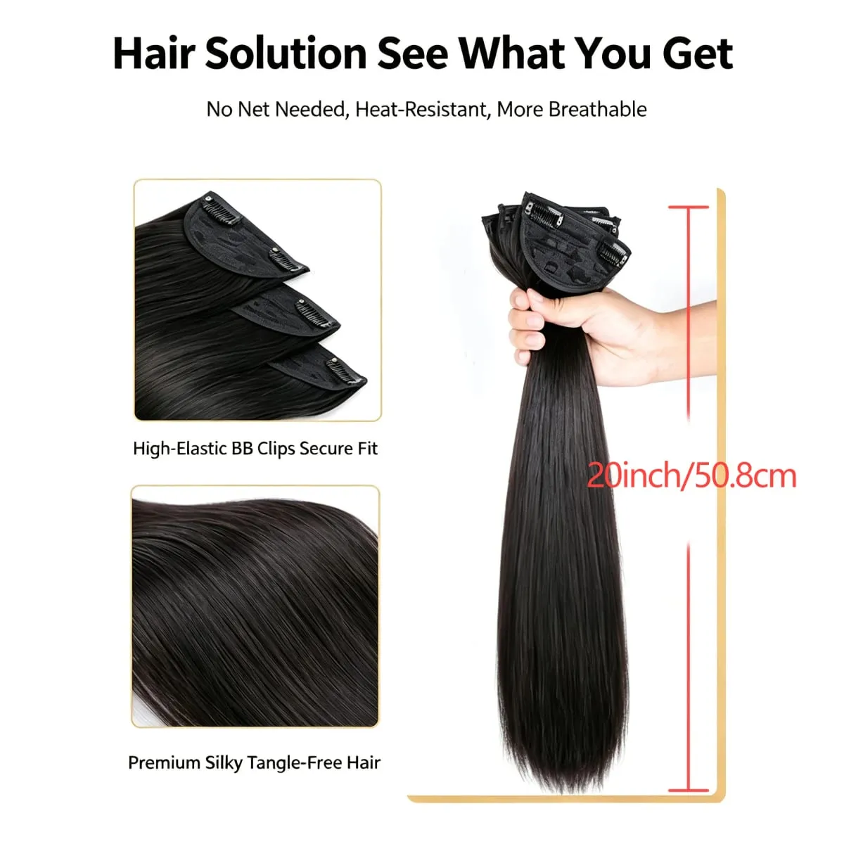 3 Pcs Invisible Seamless Clip in Hair Extensions Straight Synthetic Fiber Breathable Mesh Elastic BB Clips Lightweight Silky Hai — image 4