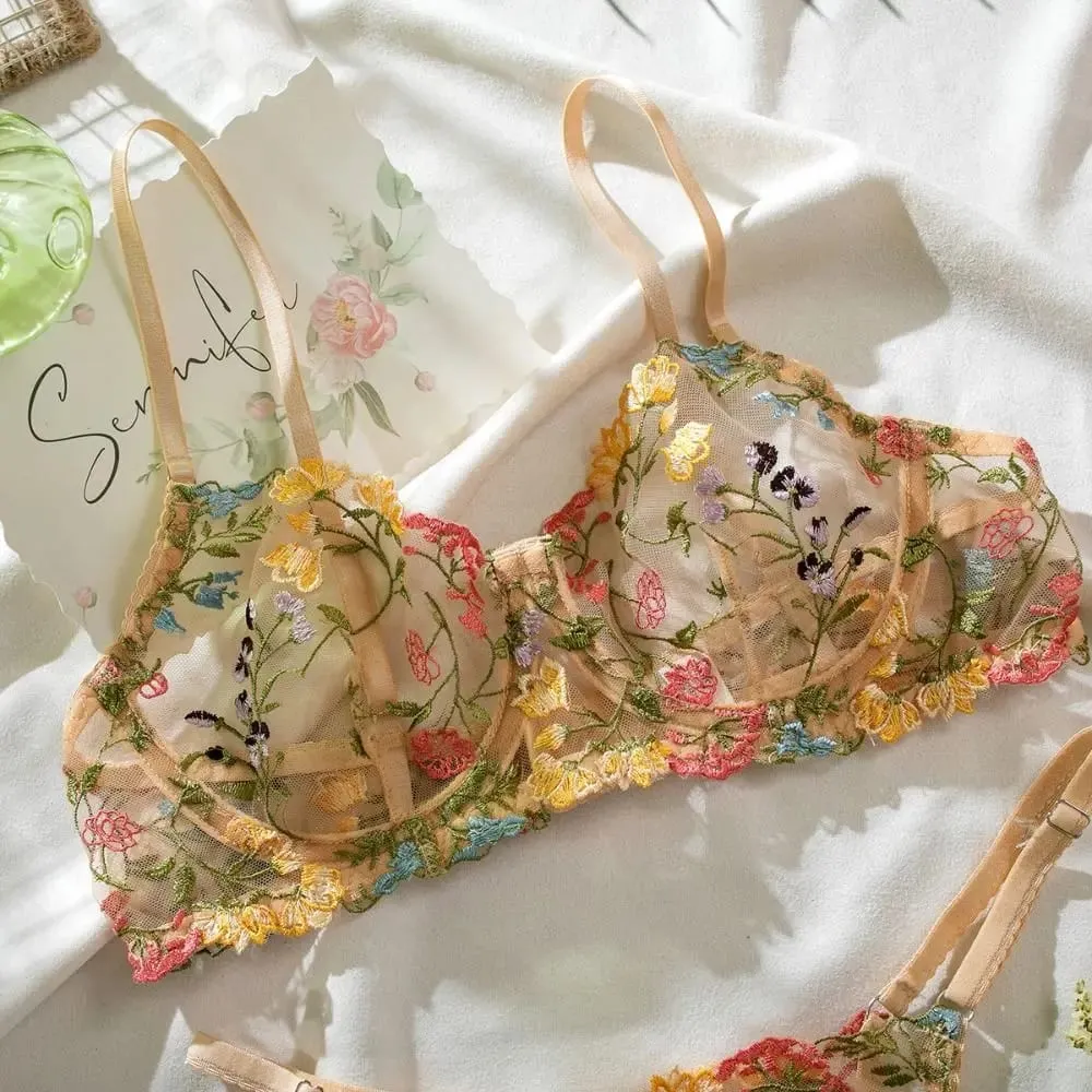 2-Piece Versatile Floral Lingerie Set Embroidery Sheer Boho Bra Panty Set Women Underwear — image 3